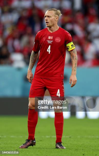 Simon Kjaer of Denmark is seen during the FIFA World Cup Qatar 2022 Group D match between Denmark and Tunisia at Education City Stadium on November...
