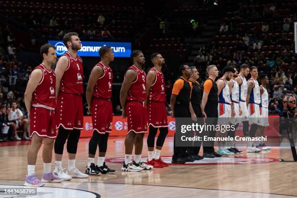 The rosters stand during the 2022/2023 Turkish Airlines EuroLeague Regular Season Round 9 match between EA7 Emporio Armani Milan and Anadolu Efes...