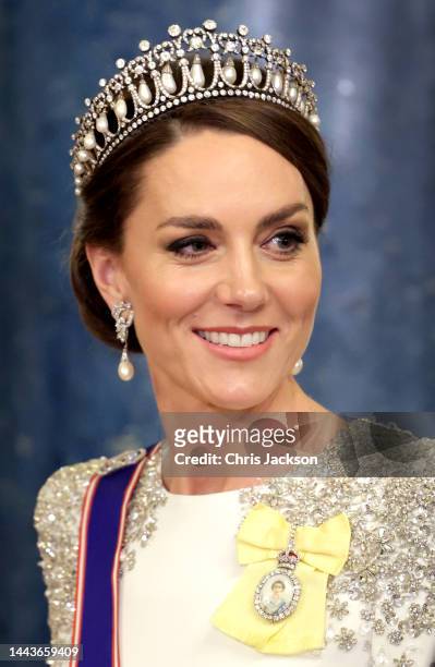 Catherine, Princess of Wales during the State Banquet at Buckingham Palace on November 22, 2022 in London, England. This is the first state visit...