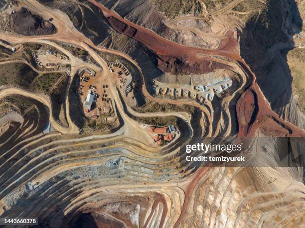 aerial view of open-pit iron mine - exploração mineira imagens e fotografias de stock