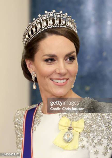 Catherine, Princess of Wales during the State Banquet at Buckingham Palace on November 22, 2022 in London, England. This is the first state visit...