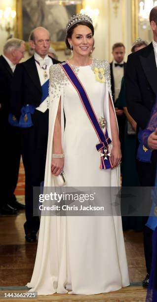 Catherine, Princess of Wales during the State Banquet at Buckingham Palace on November 22, 2022 in London, England. This is the first state visit...