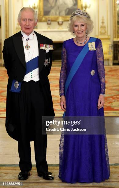 Camilla, Queen Consort and King Charles III during the State Banquet at Buckingham Palace on November 22, 2022 in London, England. This is the first...