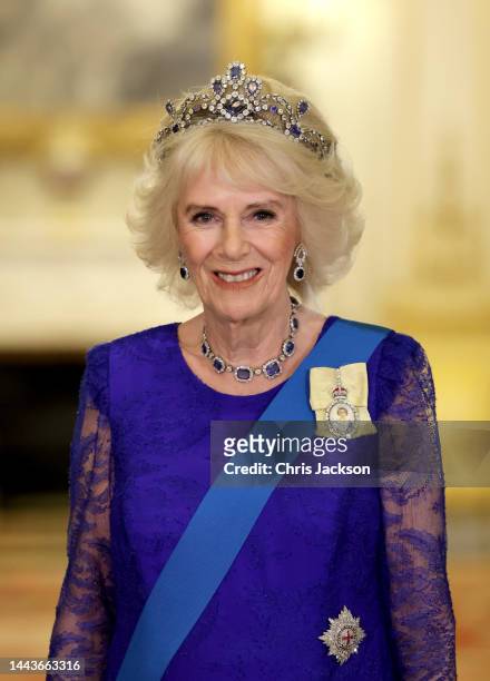 Camilla, Queen Consort attends the State Banquet in honour of President of South Africa, Cyril Ramaphosa at Buckingham Palace on November 22, 2022 in...