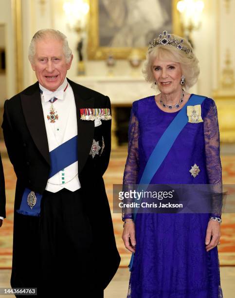 Camilla, Queen Consort and King Charles III during the State Banquet at Buckingham Palace on November 22, 2022 in London, England. This is the first...