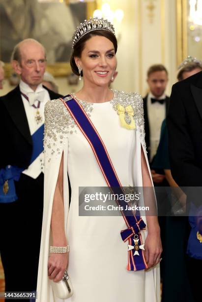 Catherine, Princess of Wales during the State Banquet at Buckingham Palace on November 22, 2022 in London, England. This is the first state visit...