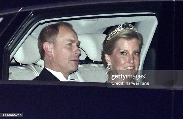 Prince Edward, Earl of Wessex and Sophie, Countess of Wessex arrive at Buckingham Palace to attend a State Banquet for President Cyril Ramaphosa on...