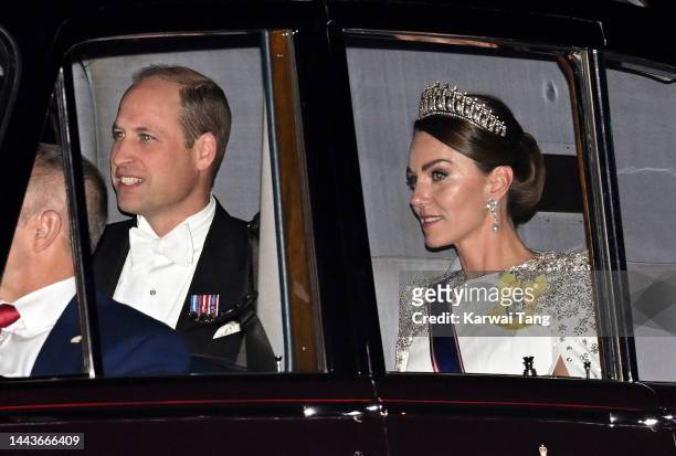 Catherine, Princess of Wales and Prince William, Prince of Wales arrive at Buckingham Palace to attend a State Banquet for President Cyril Ramaphosa...