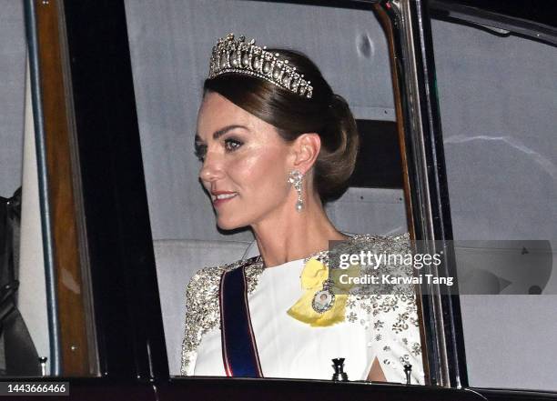 Catherine, Princess of Wales arrives at Buckingham Palace to attend a State Banquet for President Cyril Ramaphosa on day 1 of his State Visit to the...