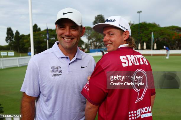 Former Rugby League player Cameron Smith presents golfer Cameron Smith with a State of Origin jersey during the 2022 Australian PGA Championship...
