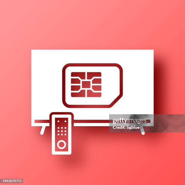 stockillustraties, clipart, cartoons en iconen met tv with sim card. icon on red background with shadow - sim card