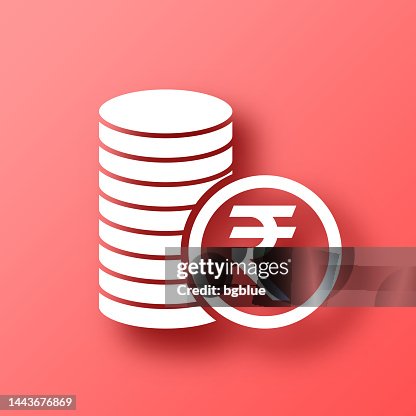 Indian rupee coins stack. Icon on Red background with shadow Indian rupee coins stack. Icon on Red background with shadow