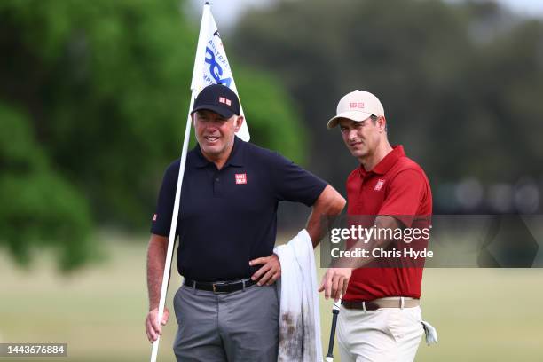 Adam Scott and caddie Steve Williamsduring the 2022 Australian PGA Championship Pro-Am at the Royal Queensland Golf Club on November 23, 2022 in...