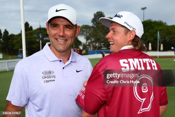 Former Rugby League player Cameron Smith presents golfer Cameron Smith with a State of Origin jersey during the 2022 Australian PGA Championship...