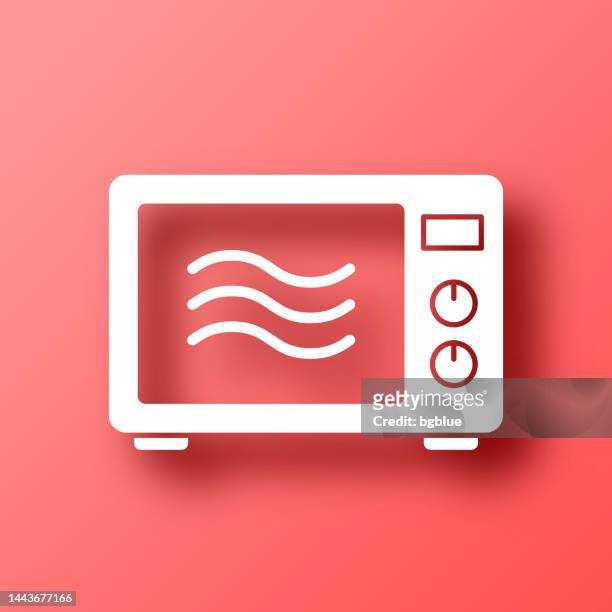 mikrowellenherd. symbol auf rotem hintergrund mit schatten - microwave stock-grafiken, -clipart, -cartoons und -symbole