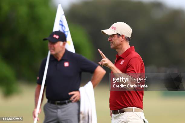 Adam Scott and caddie Steve Williams during the 2022 Australian PGA Championship Pro-Am at the Royal Queensland Golf Club on November 23, 2022 in...