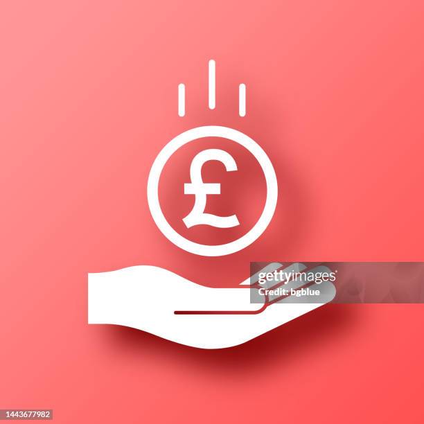 pound coin falling in hand. icon on red background with shadow - pounds falling stock illustrations