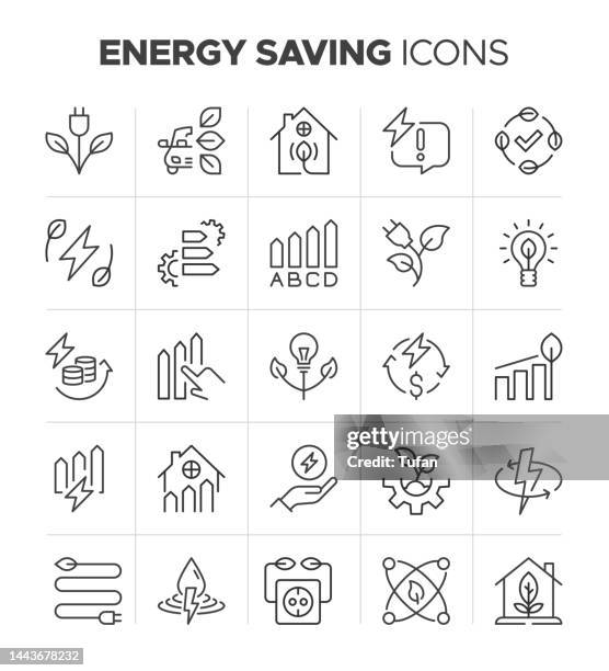 energy saving icon set - energy efficient, green energy and eco friendly sign - energy reduction stock illustrations