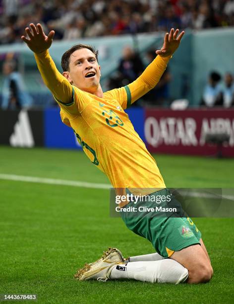 Craig Goodwin of Australia celebrates scoring his side's first goal during the FIFA World Cup Qatar 2022 Group D match between France and Australia...