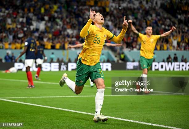 Craig Goodwin of Australia celebrates scoring his side's first goal during the FIFA World Cup Qatar 2022 Group D match between France and Australia...