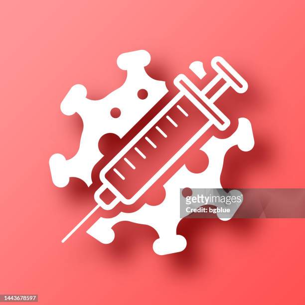 coronavirus covid-19-impfstoff. symbol auf rotem hintergrund mit schatten - gegengift stock-grafiken, -clipart, -cartoons und -symbole