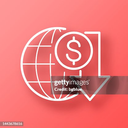 Dollar rate decrease. Icon on Red background with shadow Dollar rate decrease. Icon on Red background with shadow