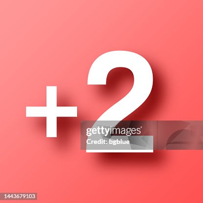 +2, Plus two. Icon on Red background with shadow +2, Plus two. Icon on Red background with shadow