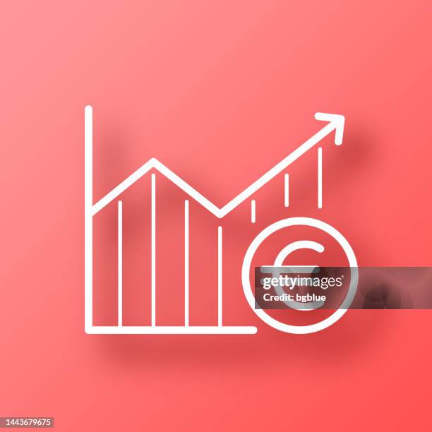 ilustraciones, imágenes clip art, dibujos animados e iconos de stock de gráfico creciente con moneda de euro. icono sobre fondo rojo con sombra - line graph