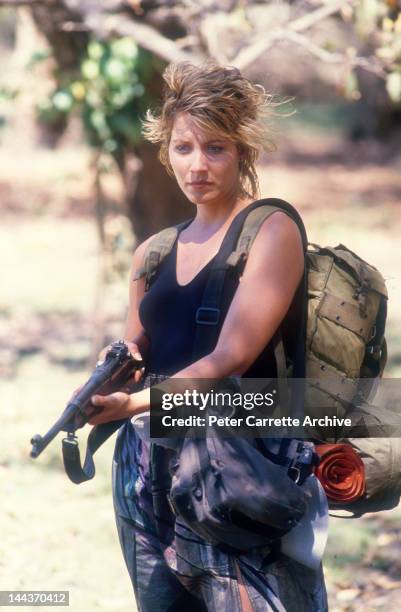 American actress Linda Kozlowski on the set of her new film 'Crocodile Dundee' in 1986 on location in the Northern Territory, Australia.