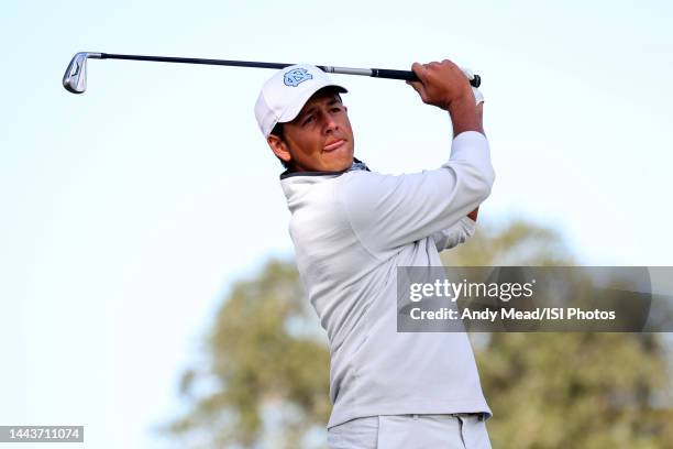 Dylan Menante of the University of North Carolina hits a tee shot on the 15th hole during the first round of the The Williams Cup presented by STITCH...