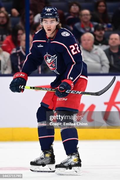 Jake Bean of the Columbus Blue Jackets skates during a game against the Arizona Coyotes at Nationwide Arena on October 25, 2022 in Columbus, Ohio.