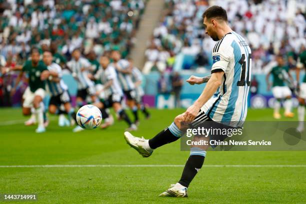 Lionel Messi of Argentina takes a free kick during the FIFA World Cup Qatar 2022 Group C match between Argentina and Saudi Arabia at Lusail Stadium...