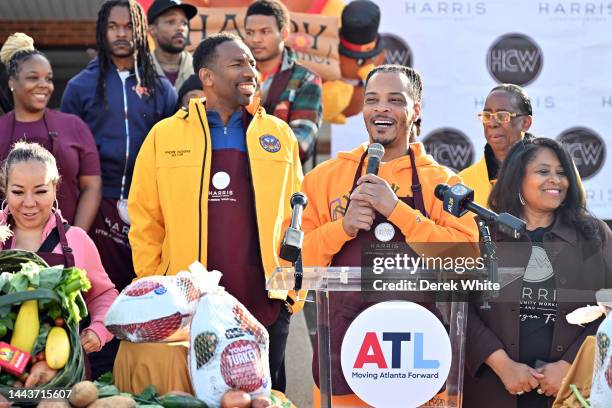 Tameka "Tiny" Harris, Mayor of Atlanta Andre Dickens, T.I., and Councilwoman Andrea Boone attend Harris Community Works 17th Annual Turkey Drive at...