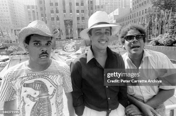 Actors Luis Guzman, Hechter Ubarry and Carlos Carrasco during a photo shoot to promote the new film 'Crocodile Dundee II' on June 16, 1988 in New...