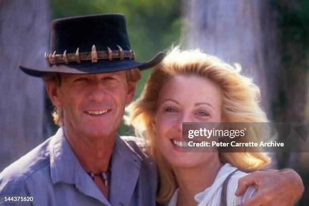 Actors Paul Hogan and Linda Kozlowski on the set of their new film 'Crocodile Dundee II' in 1987 in the Northern Territory, Australia.