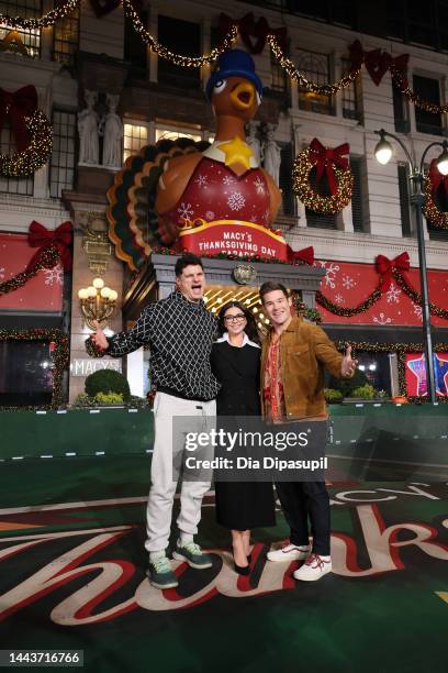 Flula Borg, Sarah Hyland and Adam Devine attend the rehearsals for the 96th Macy's Thanksgiving Day parade at Macy's Herald Square on November 22,...