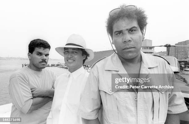 Actors Luis Guzman, Hechter Ubarry and Carlos Carrasco during a photo shoot to promote the new film 'Crocodile Dundee II' on June 16, 1988 in New...