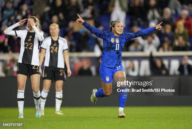 Sophia Smith of the United States scores a goal and celebrates during a game between Germany and USWNT at Red Bull Arena on November 13, 2022 in...