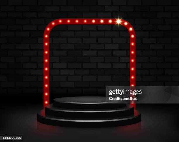 lighted winners podium - empty store front window stock illustrations