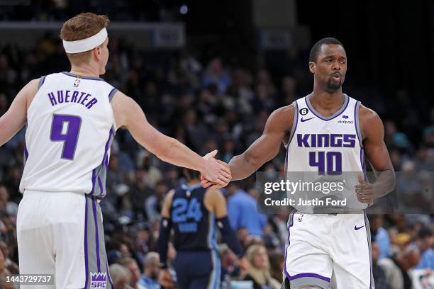 Harrison Barnes and Kevin Huerter of the Sacramento Kings during the second half against the Memphis Grizzlies at FedExForum on November 22, 2022 in...