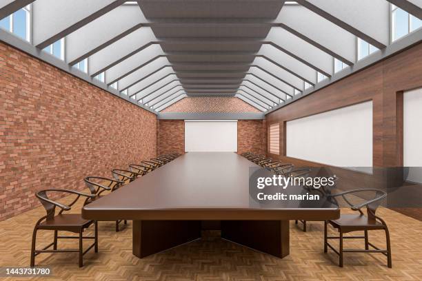 3d rendering,conference hall in red brick building - table brick wall wood stockfoto's en -beelden