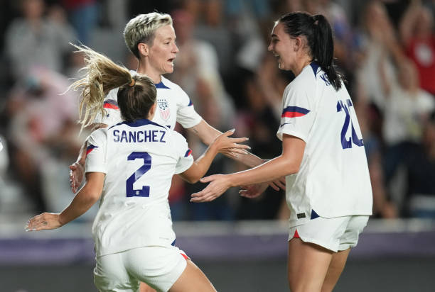 Megan Rapinoe and the USWNT celebrate her goal late in the match during a game between Germany and USWNT at DRV PNK Stadium on November 10, 2022 in...
