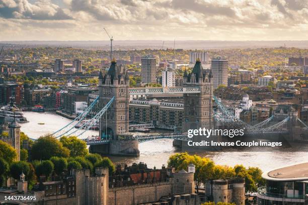 top view or high angle view of tower bridge locate at thames river in central london, england, united kingdom, international landmark and famous place, travel and destination tourist concept - tower bridge stock pictures, royalty-free photos & images