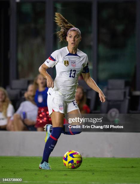 Alex Morgan of the United States dribbles during a game between Germany and USWNT at DRV PNK Stadium on November 10, 2022 in Ft. Lauderdale, Florida.