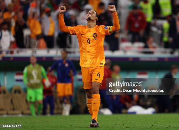 Captain, Virgil Van Dijk of Netherlands celebrates after the 2-0 win during the FIFA World Cup Qatar 2022 Group A match between Senegal and...