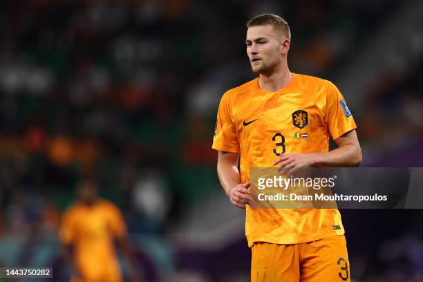 Matthijs de Ligt of Netherlands looks on during the FIFA World Cup Qatar 2022 Group A match between Senegal and Netherlands at Al Thumama Stadium on...