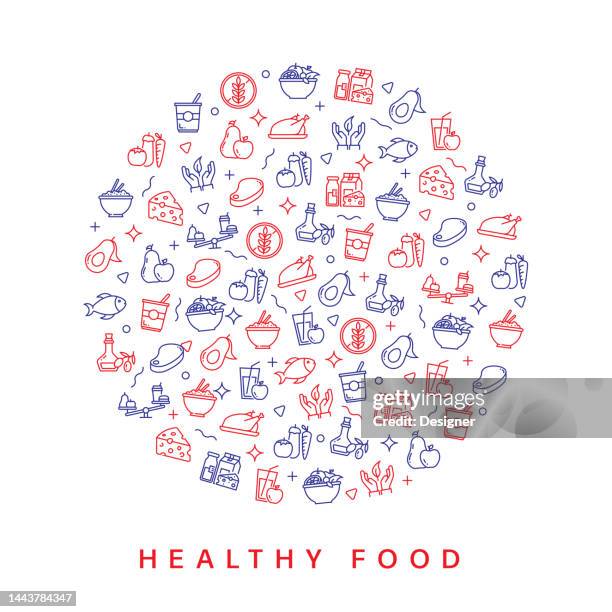 healthy food related pattern design. modern line style design - salmon broccoli stock illustrations