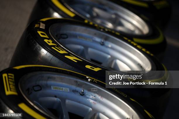 Detail view of tyres in the pit lane during Formula 2 testing at Yas Marina Circuit on November 23, 2022 in Abu Dhabi, United Arab Emirates.