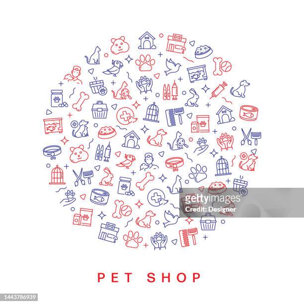 ilustraciones, imágenes clip art, dibujos animados e iconos de stock de diseño de patrones relacionados con la tienda de mascotas. diseño de estilo de línea moderna - doguillo