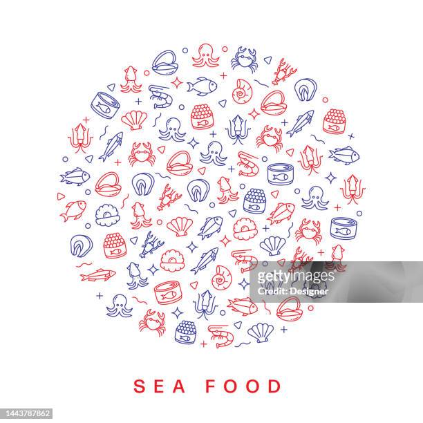 sea food related pattern design. modern line style design - shrimp seafood stock illustrations